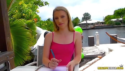 Sexy blonde slutty fucks herself with a dildo